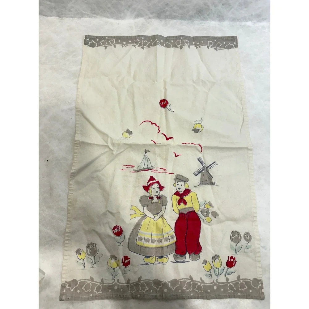 Vintage Kitchen Towel Lot of 4 Seahorse Dutch Fruit‎ Embroidered Cotton Linen
